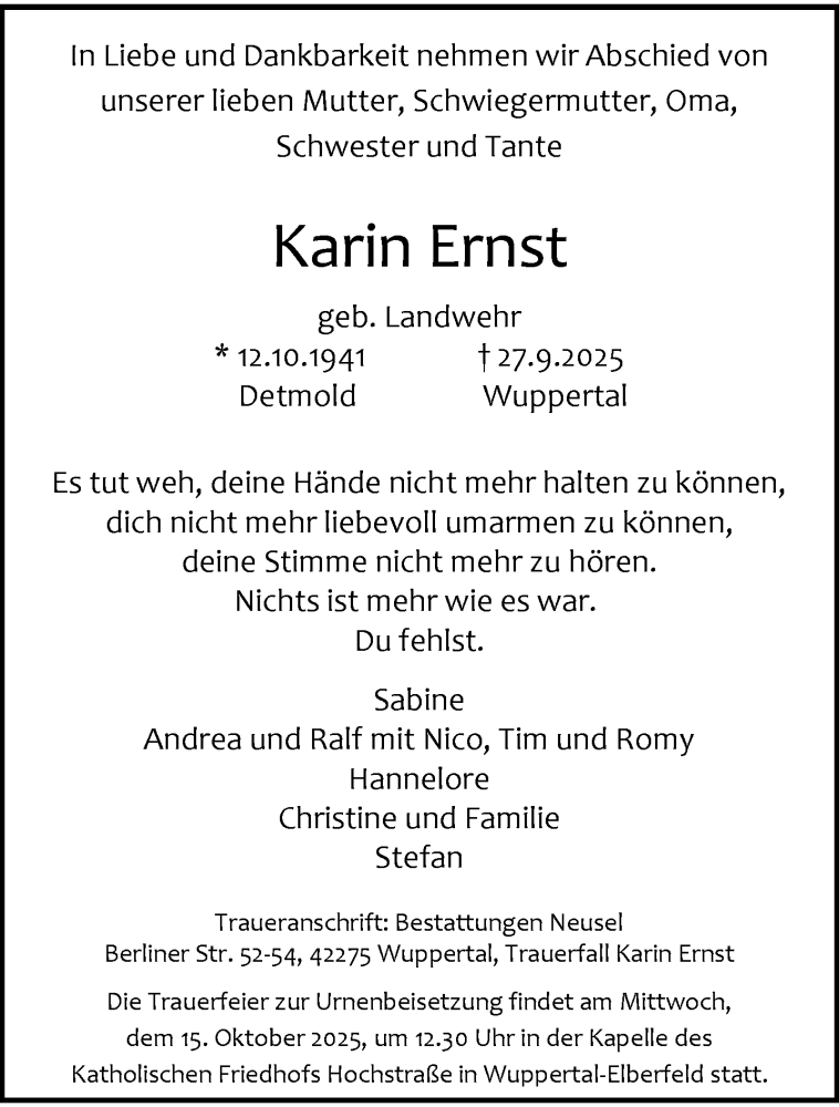  Traueranzeige für Karin Ernst vom 11.10.2025 aus trauer.wuppertaler-rundschau.de