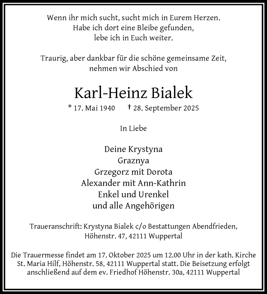  Traueranzeige für Karl-Heinz Bialek vom 11.10.2025 aus trauer.wuppertaler-rundschau.de