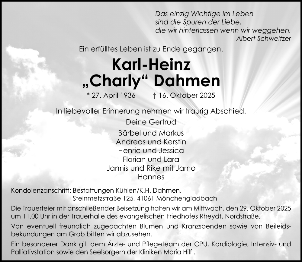 Traueranzeige für Karl-Heinz Dahmen vom 26.10.2025 aus trauer.panorama-anzeigenblatt.de