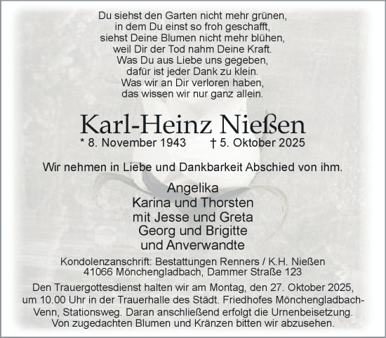 Traueranzeige von Karl-Heinz Nießen von trauer.panorama-anzeigenblatt.de