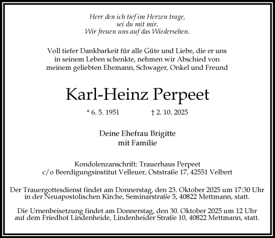 Traueranzeige von Karl-Heinz Perpeet von trauer.panorama-anzeigenblatt.de