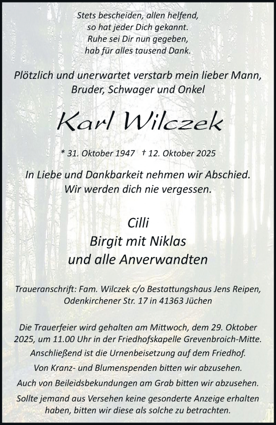 Traueranzeige von Karl Wilczek von trauer.stadt-kurier.de