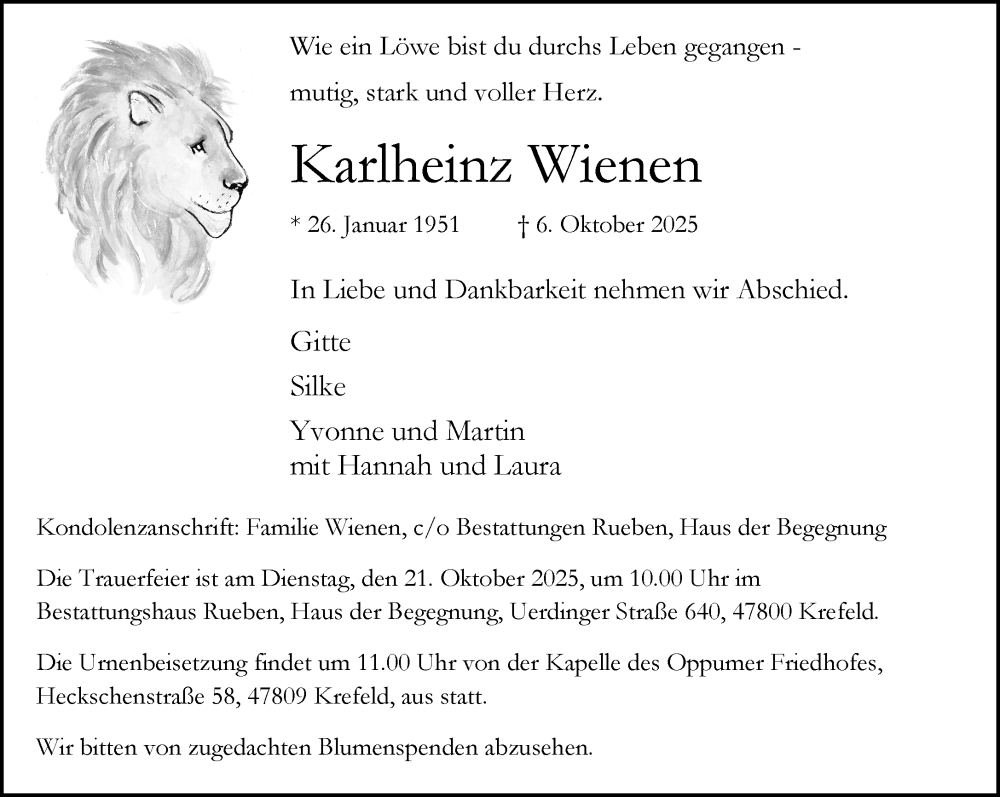  Traueranzeige für Karlheinz Wienen vom 12.10.2025 aus trauer.panorama-anzeigenblatt.de