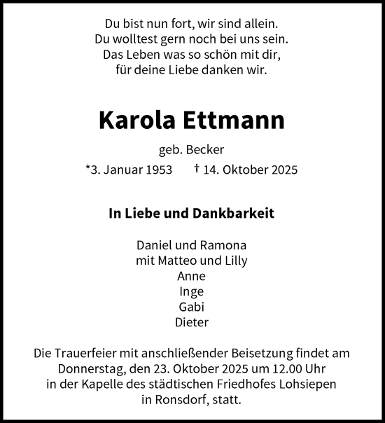 Traueranzeige von Karola Ettmann von trauer.wuppertaler-rundschau.de