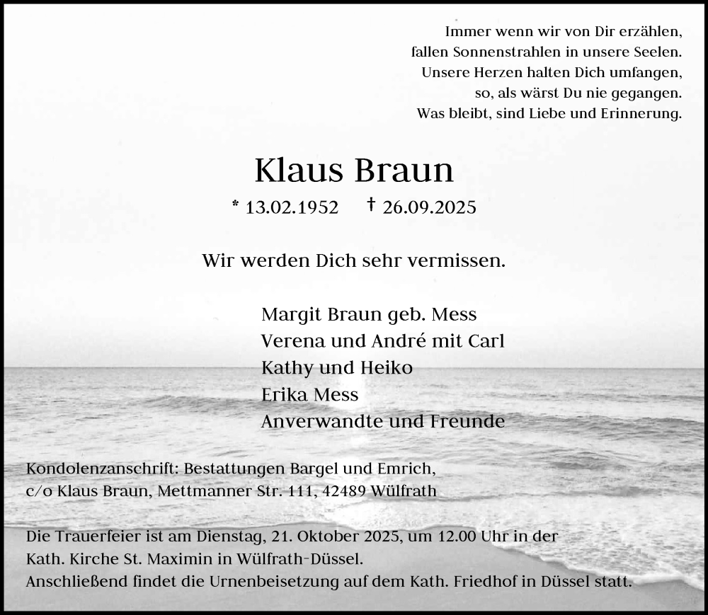  Traueranzeige für Klaus Braun vom 11.10.2025 aus trauer.wuppertaler-rundschau.de