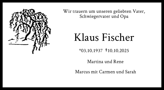 Traueranzeige von Klaus Fischer von trauer.wuppertaler-rundschau.de