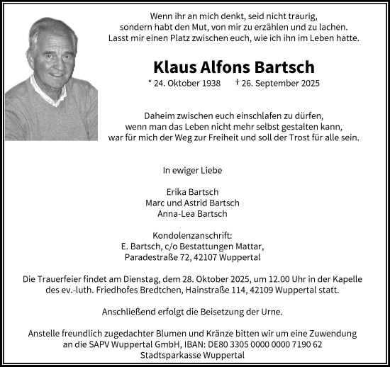 Traueranzeige von Klaus Alfons Bartsch von trauer.wuppertaler-rundschau.de