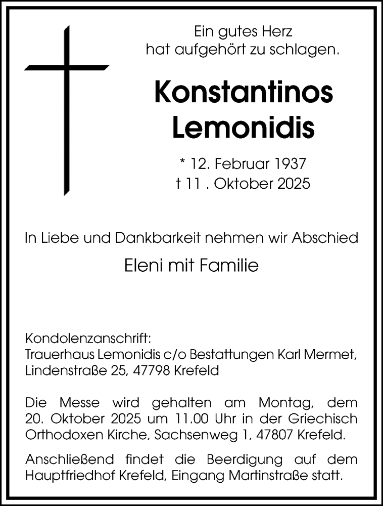  Traueranzeige für Konstantinos Lemonidis vom 19.10.2025 aus trauer.panorama-anzeigenblatt.de