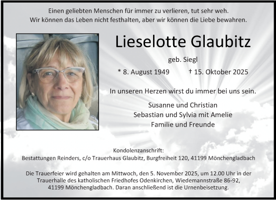 Traueranzeige von Lieselotte Glaubitz von trauer.panorama-anzeigenblatt.de