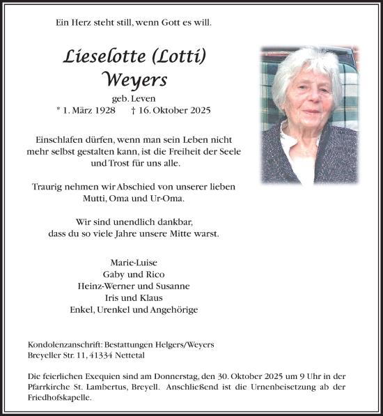 Traueranzeige von Lieselotte Weyers von trauer.panorama-anzeigenblatt.de