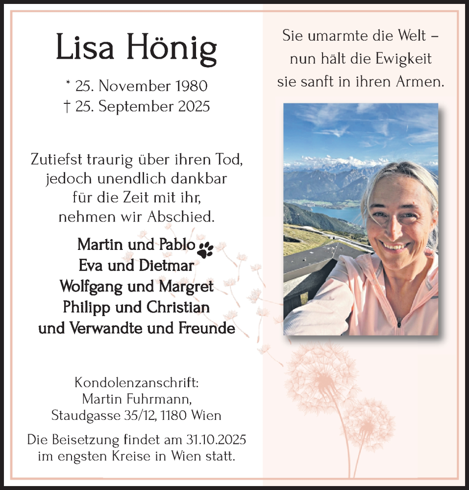  Traueranzeige für Lisa Hönig vom 19.10.2025 aus trauer.panorama-anzeigenblatt.de