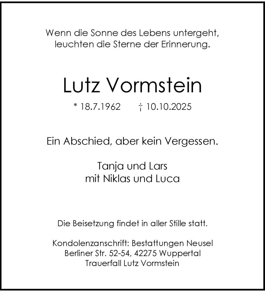  Traueranzeige für Lutz Vormstein vom 18.10.2025 aus trauer.wuppertaler-rundschau.de