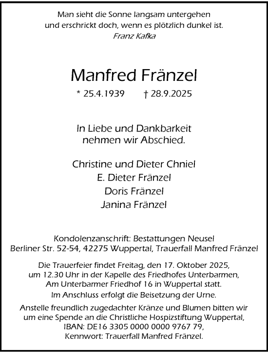 Traueranzeige von Manfred Fränzel von trauer.wuppertaler-rundschau.de