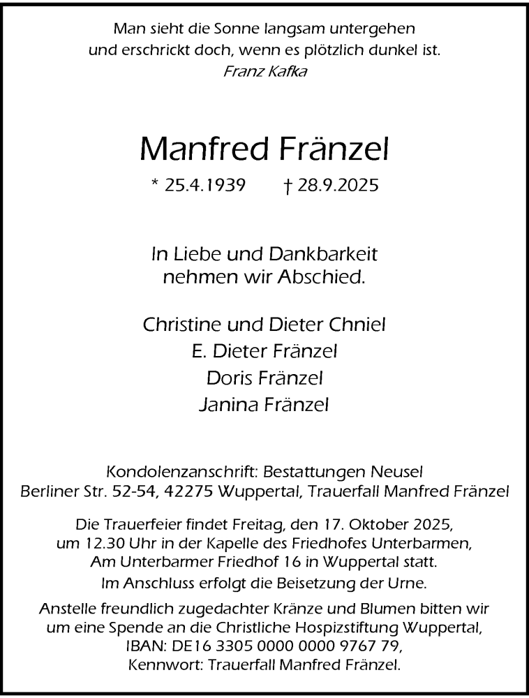  Traueranzeige für Manfred Fränzel vom 11.10.2025 aus trauer.wuppertaler-rundschau.de