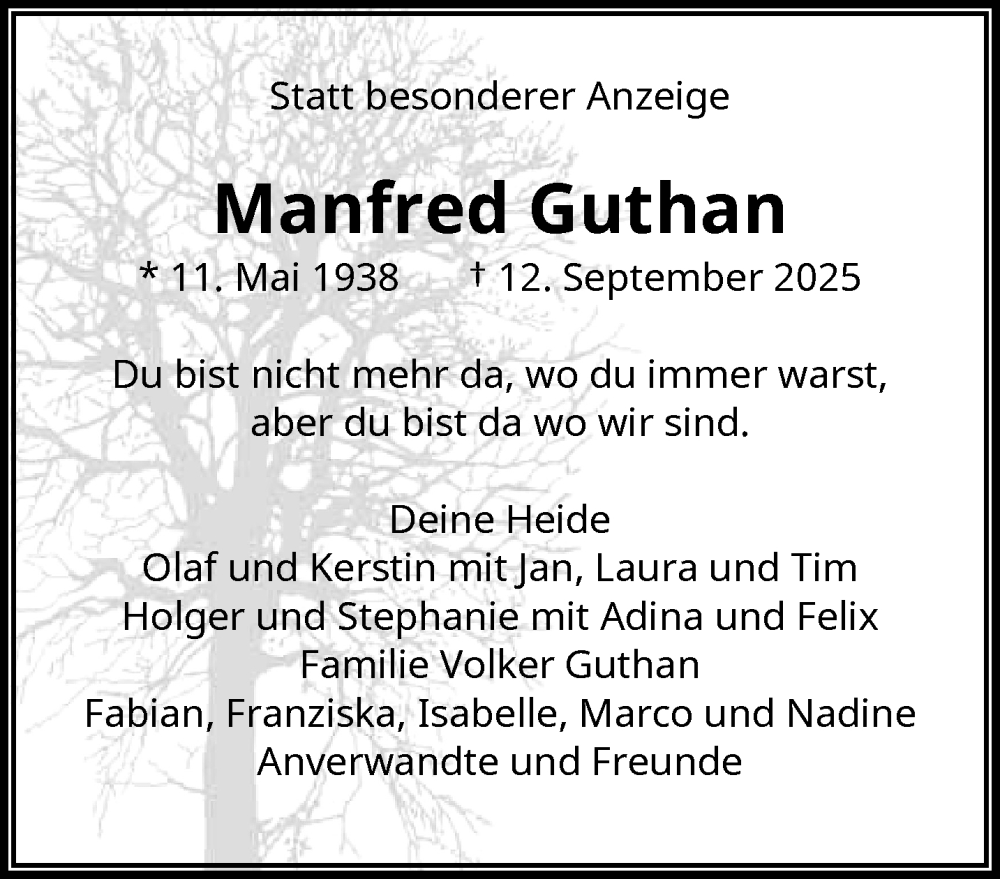  Traueranzeige für Manfred Guthan vom 27.09.2025 aus trauer.wuppertaler-rundschau.de