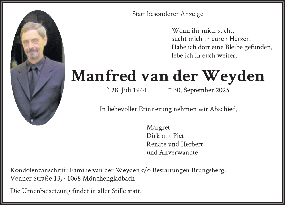  Traueranzeige für Manfred van der Weyden vom 12.10.2025 aus trauer.panorama-anzeigenblatt.de
