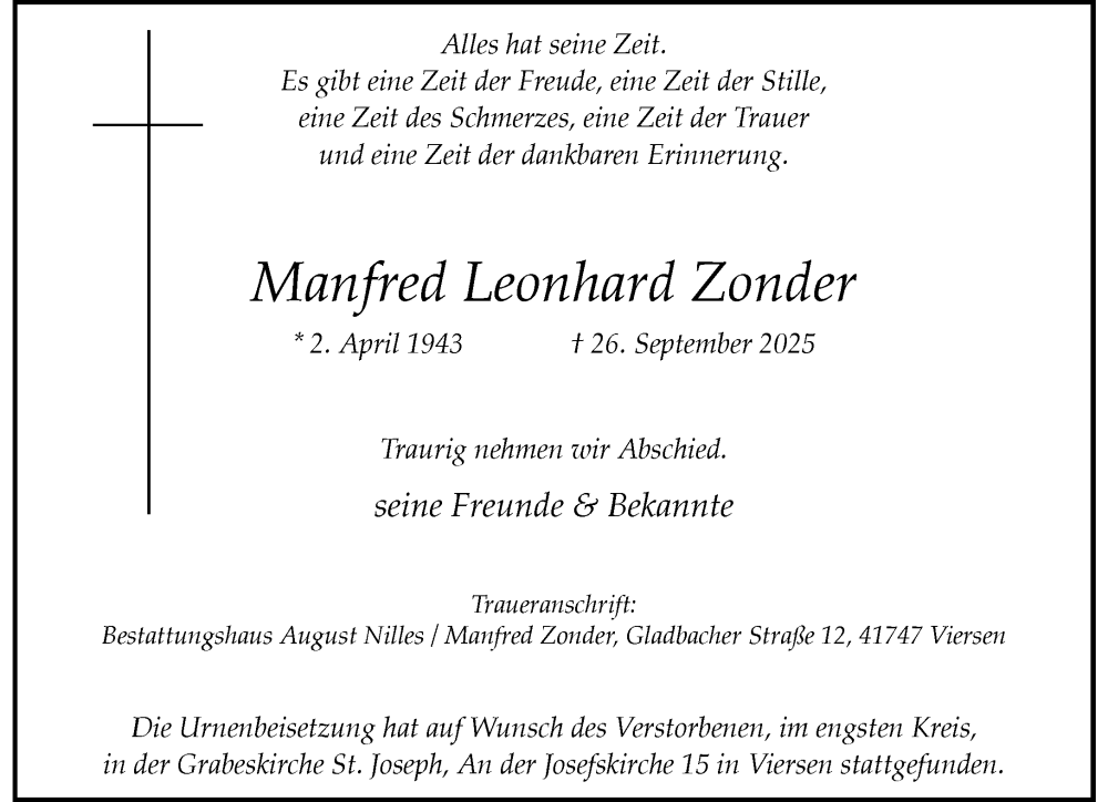 Traueranzeige für Manfred Leonhard Zonder vom 12.10.2025 aus trauer.panorama-anzeigenblatt.de