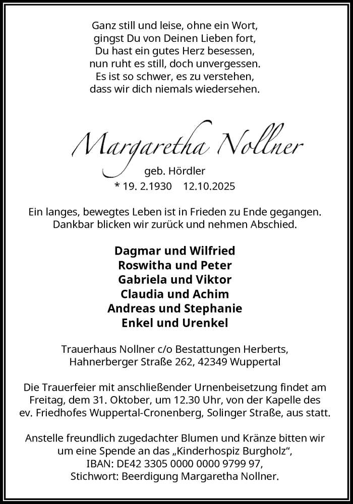  Traueranzeige für Margaretha Nollner vom 25.10.2025 aus trauer.wuppertaler-rundschau.de