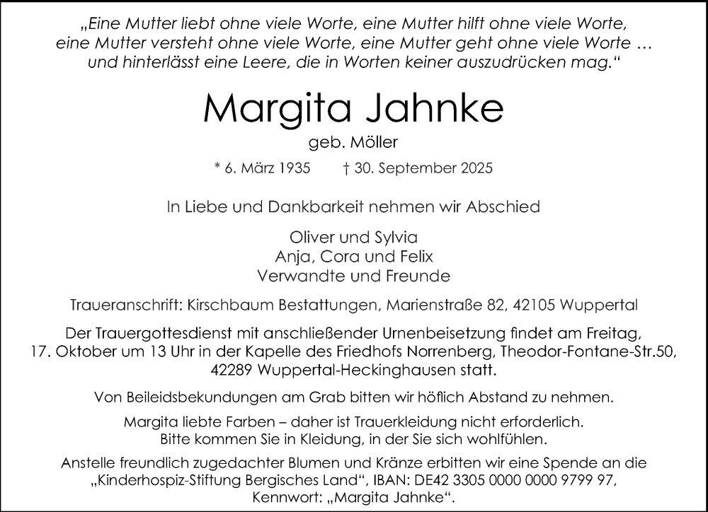  Traueranzeige für Margita Jahnke vom 11.10.2025 aus trauer.wuppertaler-rundschau.de