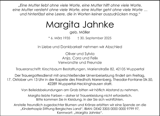Traueranzeige von Margita Jahnke von trauer.wuppertaler-rundschau.de