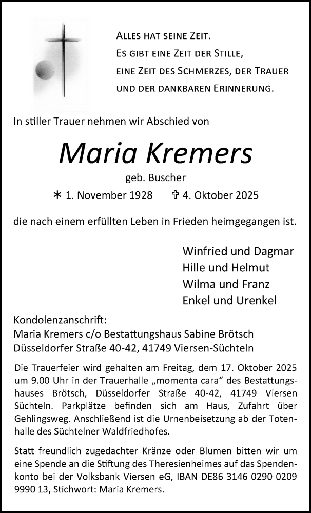  Traueranzeige für Maria Kremers vom 12.10.2025 aus trauer.panorama-anzeigenblatt.de