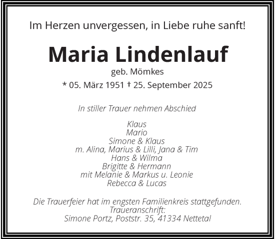 Traueranzeige von Maria Lindenlauf von trauer.panorama-anzeigenblatt.de