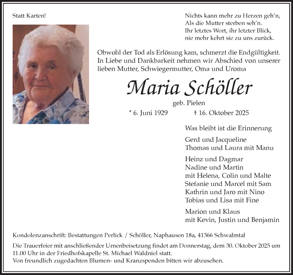  Traueranzeige für Maria Schöller vom 26.10.2025 aus trauer.panorama-anzeigenblatt.de
