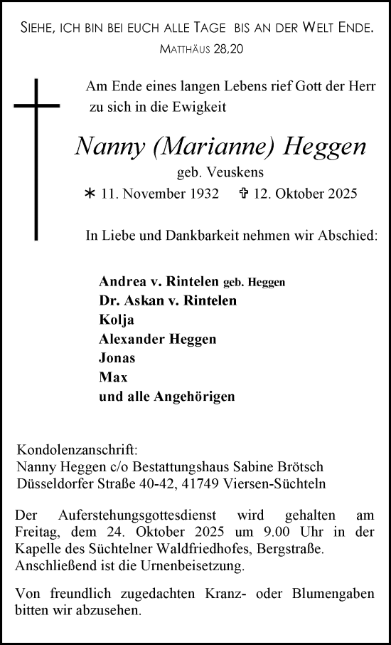 Traueranzeige von Marianne Heggen von trauer.panorama-anzeigenblatt.de