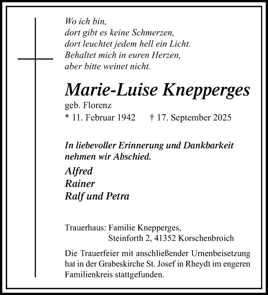 Traueranzeige von Marie-Luise Knepperges von trauer.panorama-anzeigenblatt.de