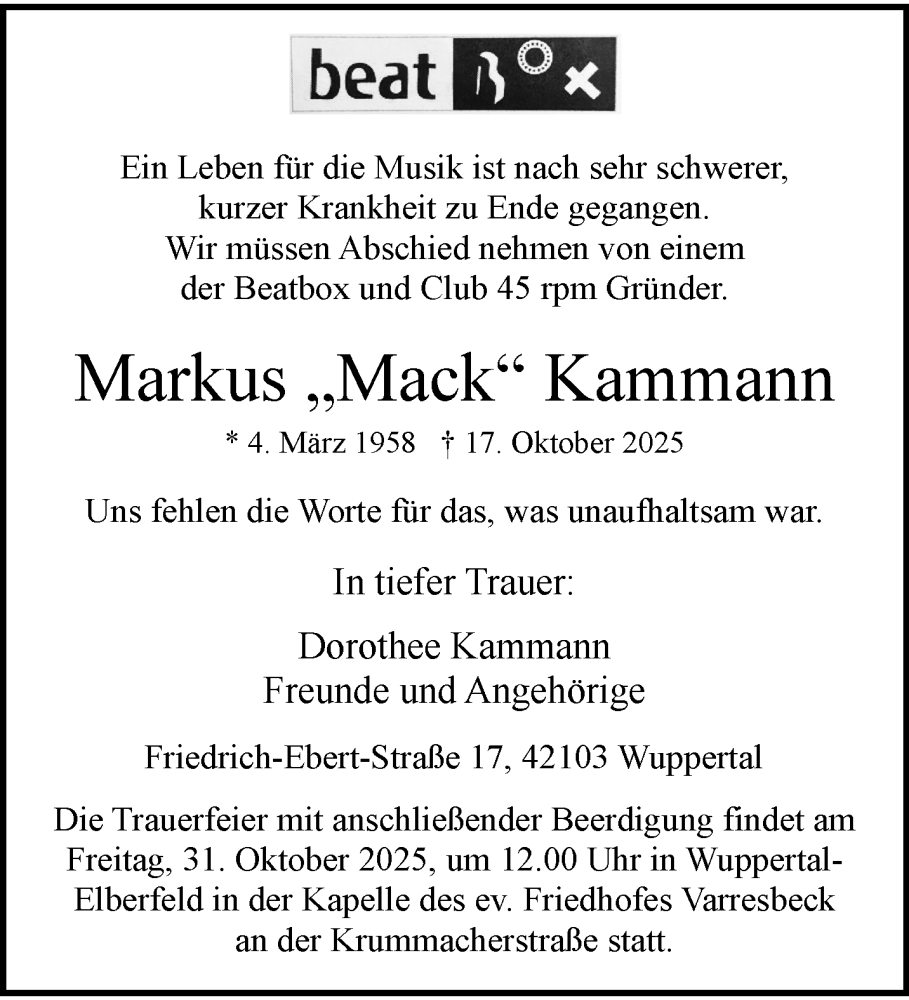  Traueranzeige für Markus Kammann vom 25.10.2025 aus trauer.wuppertaler-rundschau.de