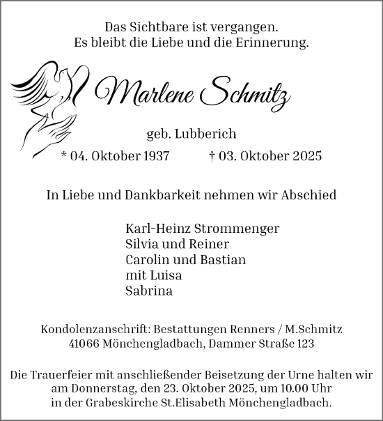 Traueranzeige von Marlene Schmitz von trauer.panorama-anzeigenblatt.de