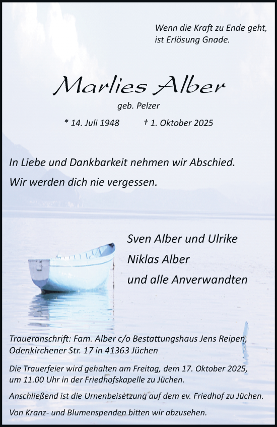 Traueranzeige von Marlies Alber von trauer.stadt-kurier.de