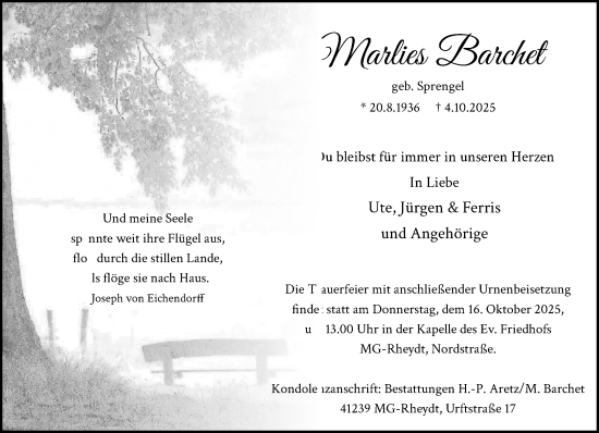 Traueranzeige von Marlies Barchet von trauer.panorama-anzeigenblatt.de