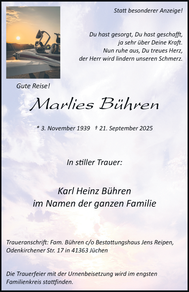  Traueranzeige für Marlies Bühren vom 04.10.2025 aus trauer.stadt-kurier.de