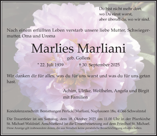 Traueranzeige von Marlies Marliani von trauer.panorama-anzeigenblatt.de