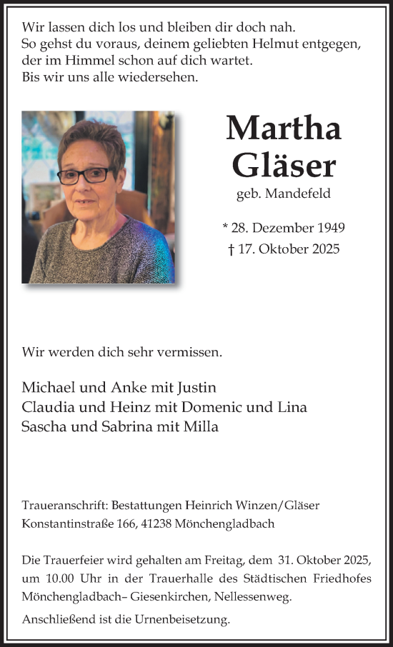 Traueranzeige von Martha Gläser von trauer.panorama-anzeigenblatt.de