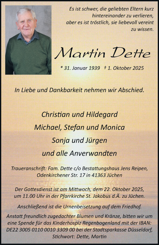  Traueranzeige für Martin Dette vom 11.10.2025 aus trauer.stadt-kurier.de