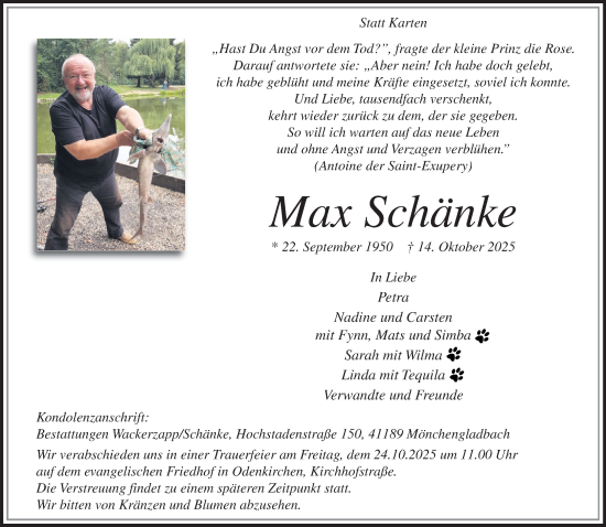 Traueranzeige von Max Schänke von trauer.panorama-anzeigenblatt.de