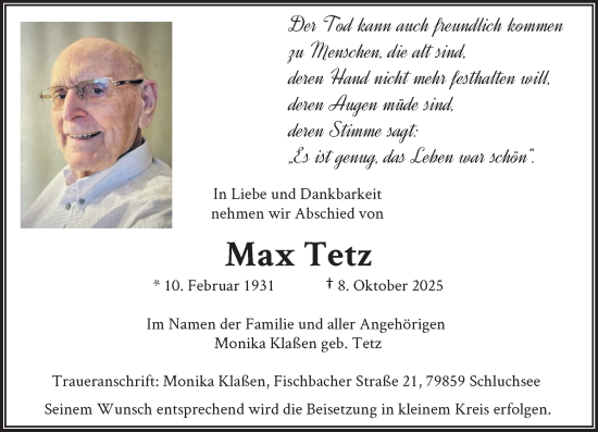 Traueranzeige von Max Tetz von trauer.panorama-anzeigenblatt.de