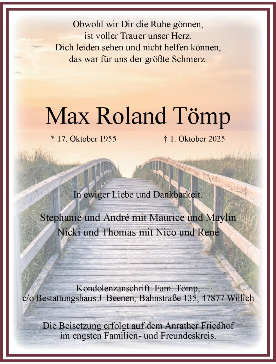 Traueranzeige von Max Roland Tömp von trauer.panorama-anzeigenblatt.de