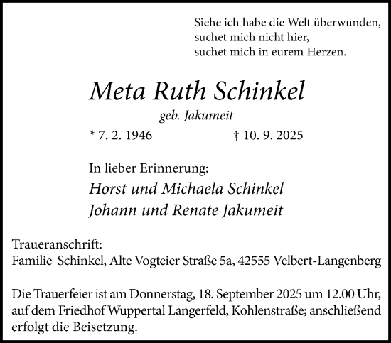 Traueranzeige von Meta Ruth Schinkel von trauer.wuppertaler-rundschau.de