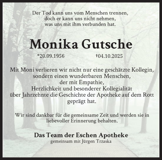 Traueranzeige von Monika Gutsche von trauer.wuppertaler-rundschau.de