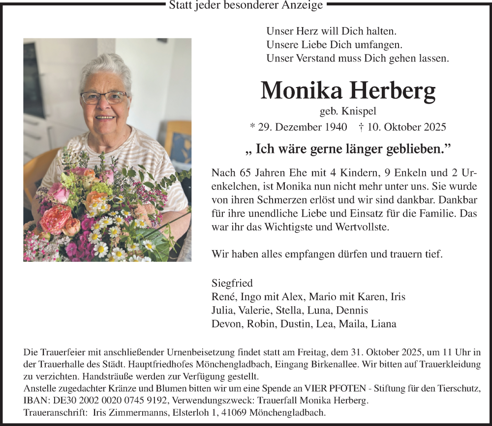  Traueranzeige für Monika Herberg vom 26.10.2025 aus trauer.panorama-anzeigenblatt.de