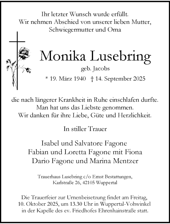 Traueranzeige von Monika Lusebring von trauer.wuppertaler-rundschau.de