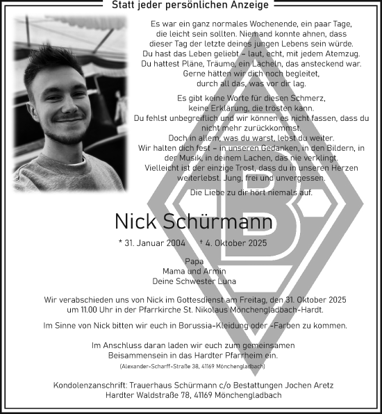 Traueranzeige von Nick Schürmann von trauer.panorama-anzeigenblatt.de