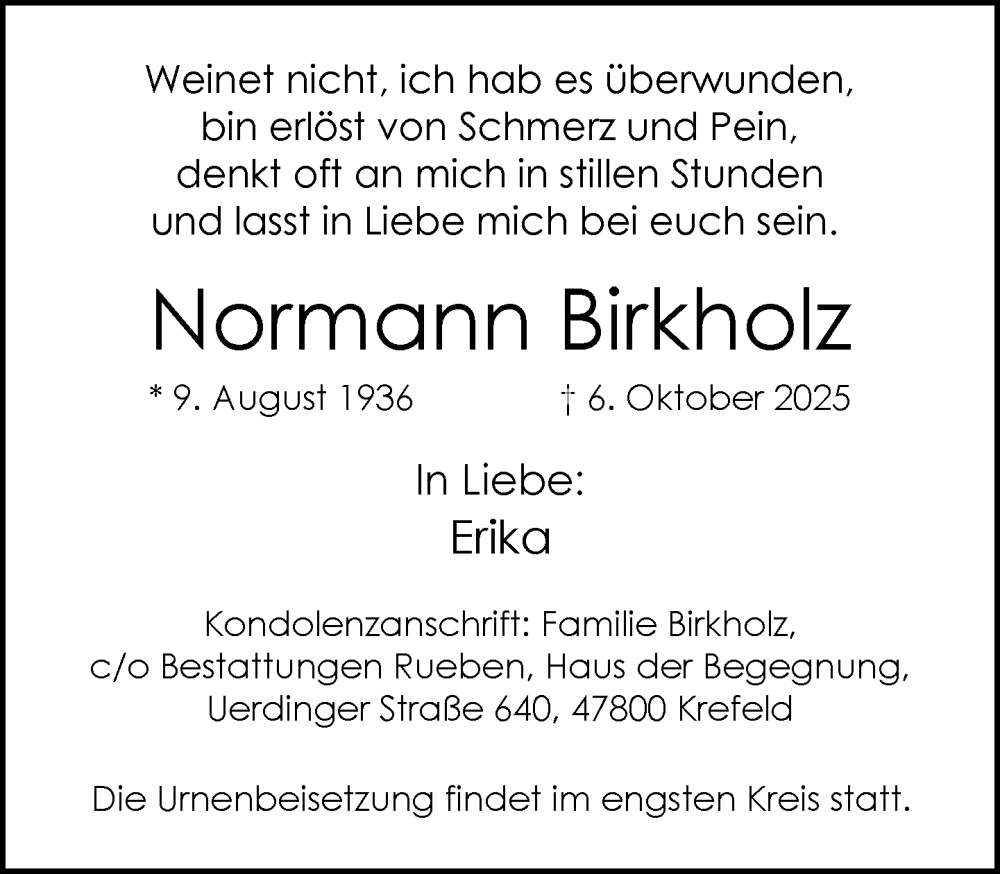  Traueranzeige für Normann Birkholz vom 12.10.2025 aus trauer.panorama-anzeigenblatt.de