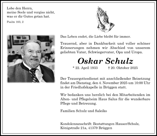 Traueranzeige von Oskar Schulz von trauer.panorama-anzeigenblatt.de