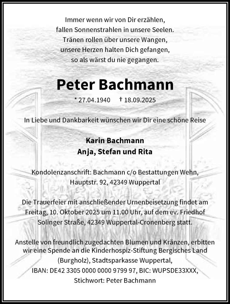  Traueranzeige für Peter Bachmann vom 04.10.2025 aus trauer.wuppertaler-rundschau.de