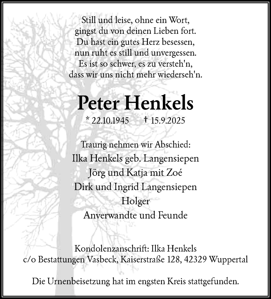  Traueranzeige für Peter Henkels vom 11.10.2025 aus trauer.wuppertaler-rundschau.de