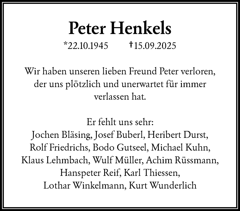  Traueranzeige für Peter Henkels vom 11.10.2025 aus trauer.wuppertaler-rundschau.de
